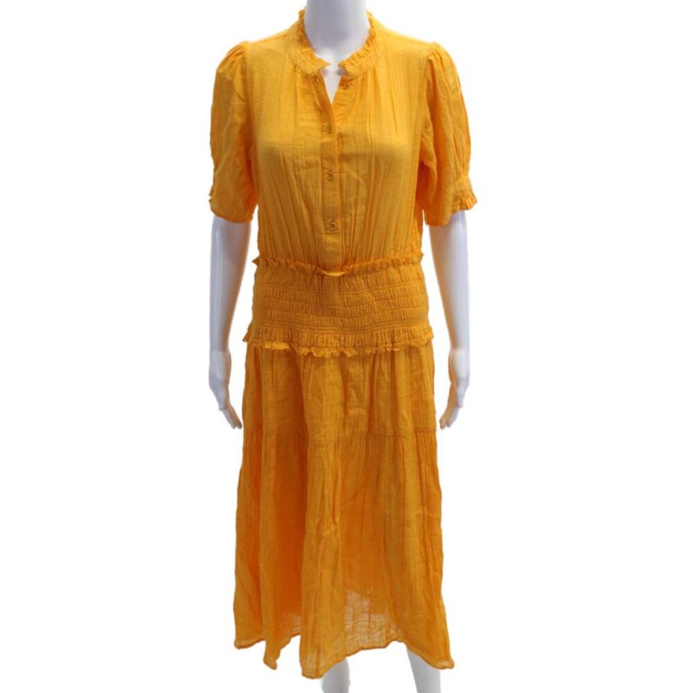 A Piece Apart Women Shirt Dress Yellow Midi Short Sleeve Size L